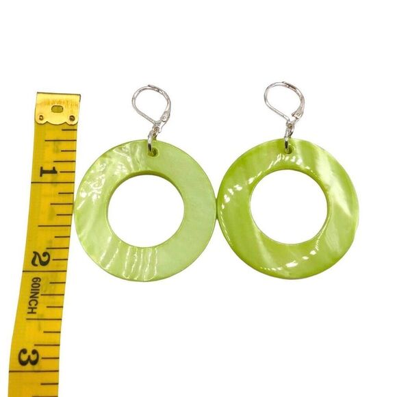 Natural Shell Green and Yellow Open Hoop Dangle Earrings - Picture 6 of 8